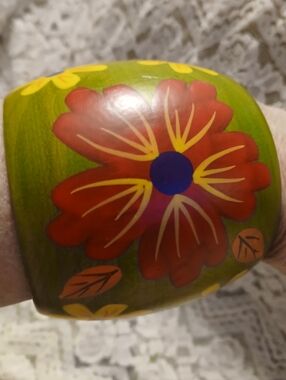 Vintage Hand-Painted  Wood Floral Chunky  Cuff Bracelet 3" Wide Boho